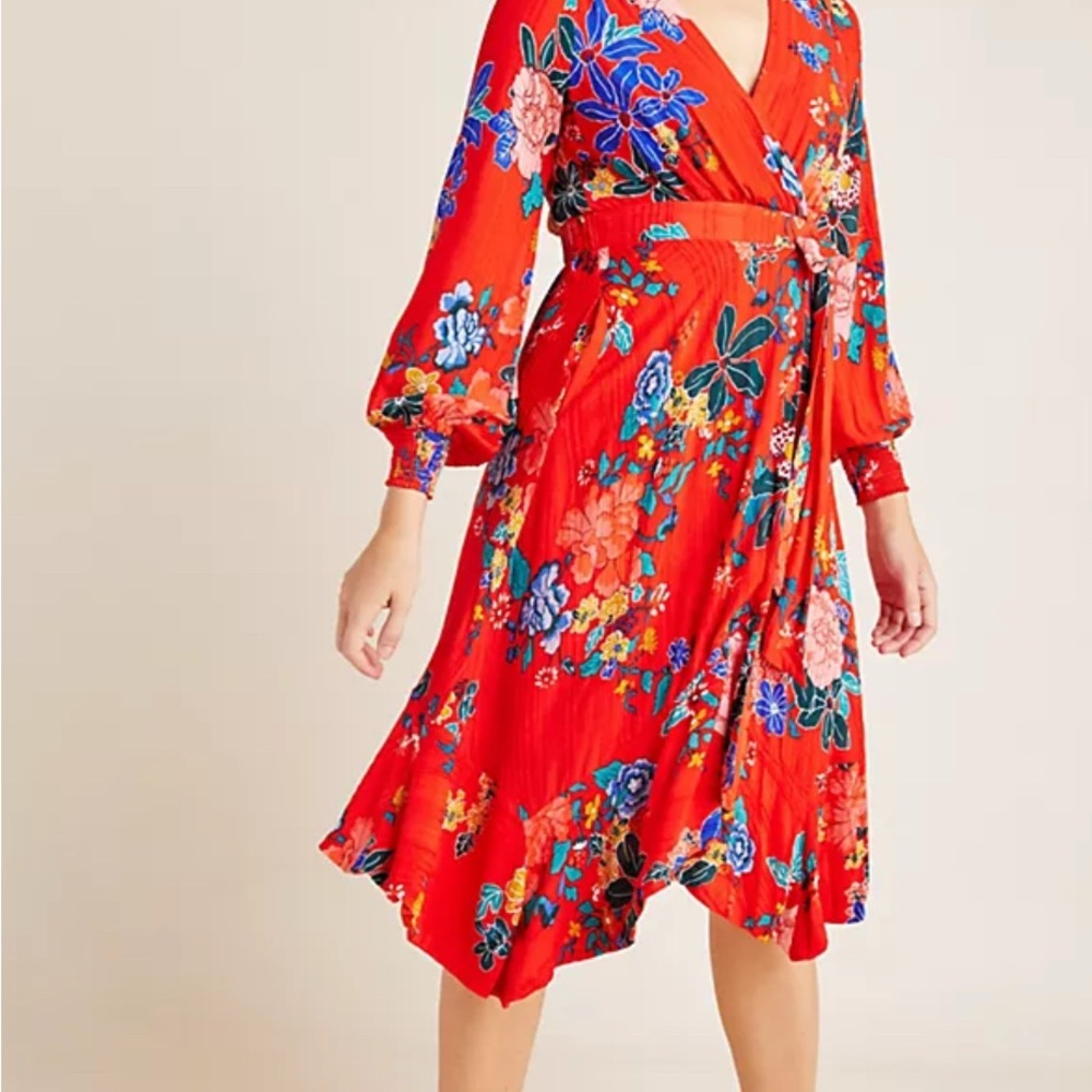 Anthropologie Floral Red Wrap Dress